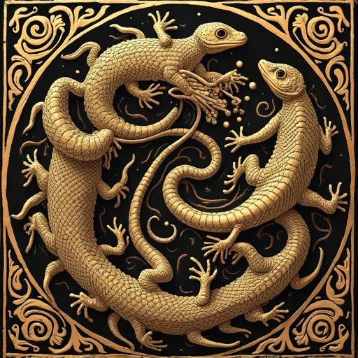 Highly detailed hyperbolic tessellation featuring interlocking lizards with spiral tails. Lizards decrease in size towards outer edge of circle without gaps. Warm earthy tones with golden lizards and black outlines. Stylized yet anatomically correct lizards visible limbs and expressive heads. Elegant spiraling tails enhance geometric flow. Decorative border inspired by medieval engravings with additional miniature tessellations. Style of hand-drawn ink illustration emulating M.C. Escher's hyperbolic works. Emphasizes deep textures and ornate details against dark background.