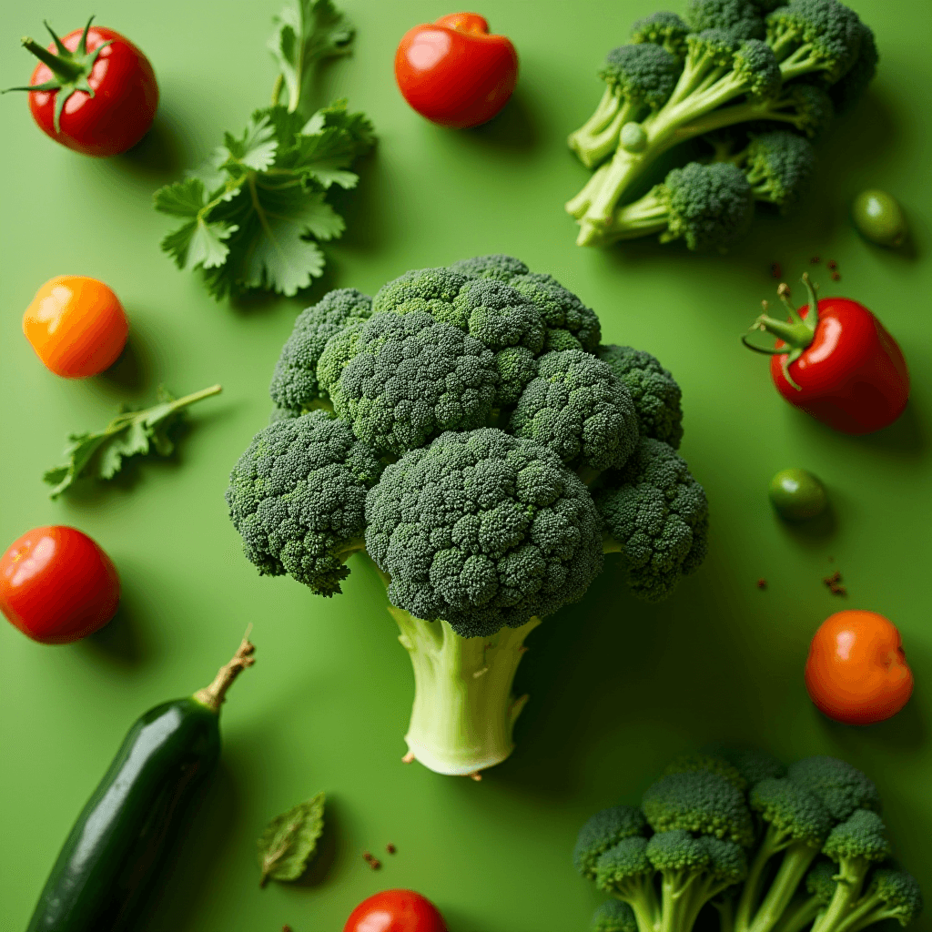 A colorful assortment of fresh vegetables like tomatoes, broccoli, and peppers artistically arranged on a bright green background.