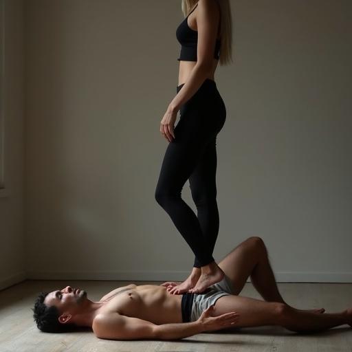 A woman stands with her bare feet on a man's chest. He lies on the floor. The woman wears black leggings and a crop top. The man has a skinny build.
