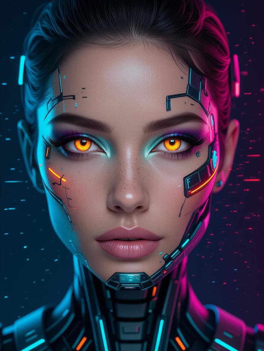 Beautiful female cyborg with half-human half-digital face. Glowing orange-blue cybernetic eyes. Futuristic makeup with high detail skin texture. Digital glitch dispersion effect and neon lighting. Magenta and cyan color scheme on a dark background. Sci-fi portrait presented in a cinematic close-up with symmetrical composition and intense gaze.