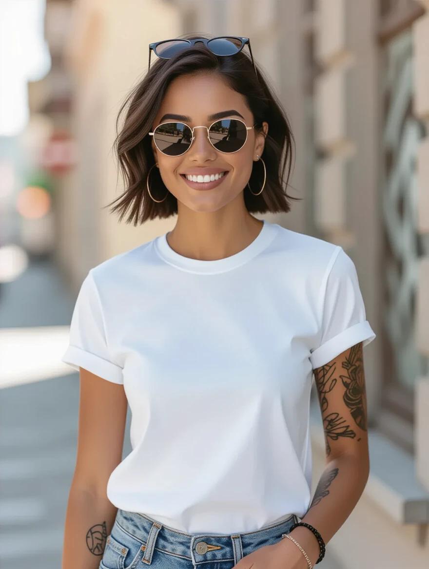 Smiling young stylish woman with short black hair wearing a white T-shirt. She stands casually outdoors in soft daylight. Background features city architecture. She wears dark sunglasses on her head. One arm has a tattoo sleeve. She accessorizes with wrist bracelets. Simple and clean style emphasized.