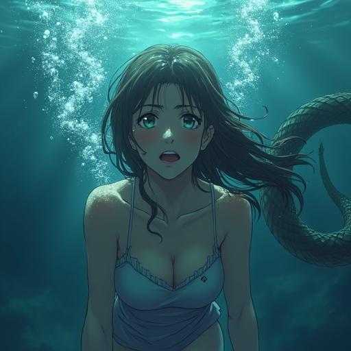 Young woman swimming underwater. Front view shot. Horror anime scene. Bright lights illuminating surroundings. Snake attacking her. Manga style. Bubbles escaping from her mouth.