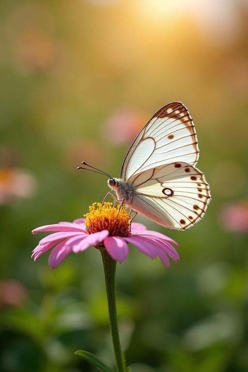 A butterfly with white wings and dark pink markings rests on a pink flower in a sunlit garden. Background features a blurred effect of floral colors and light.