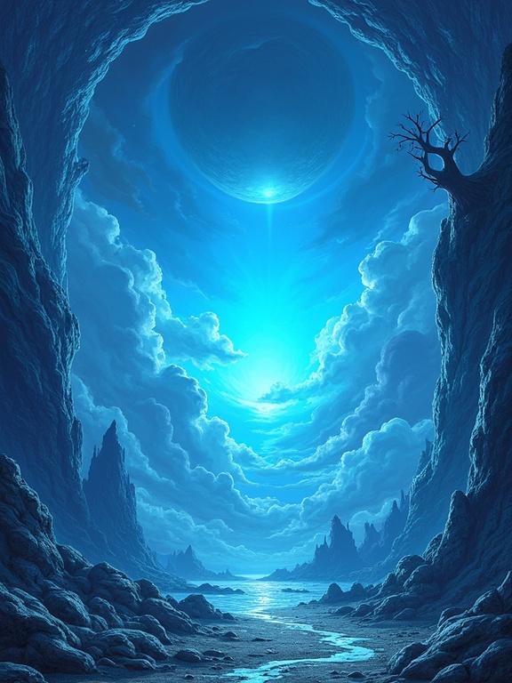 Fantasy card back design for a game. Emphasizes beautiful details and a glowing blue core in the center. Sky is blue and whimsical. No text. Adventurous theme.