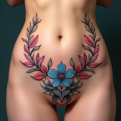 Tattoo design featuring two floral garlands on the abdomen. The tattoo flows naturally from the existing design on the buttocks. The center features a Clitoria ternatea flower in blue or pink on one side. On the opposite side, there is a stylized snake head with its tongue out. The overall composition is feminine and sensual with a vibrant color palette.