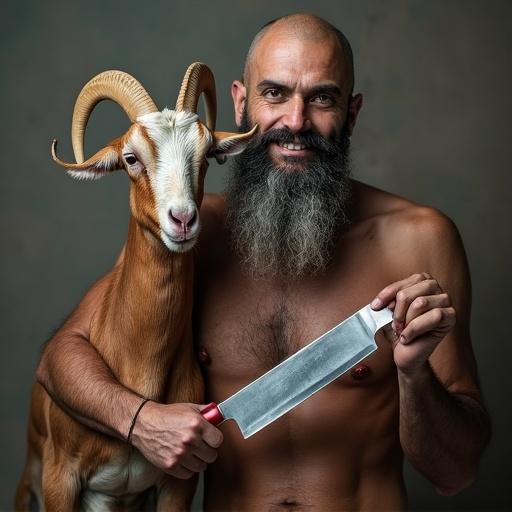 Photo features a butcher with a smile posing with a goat. He holds a large butcher knife. The scene emphasizes rural life and culinary traditions.