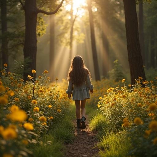 A girl wearing leggings walks down a forest path surrounded by flowers at golden hour. Sunlight streams through the trees creating a mystical atmosphere.