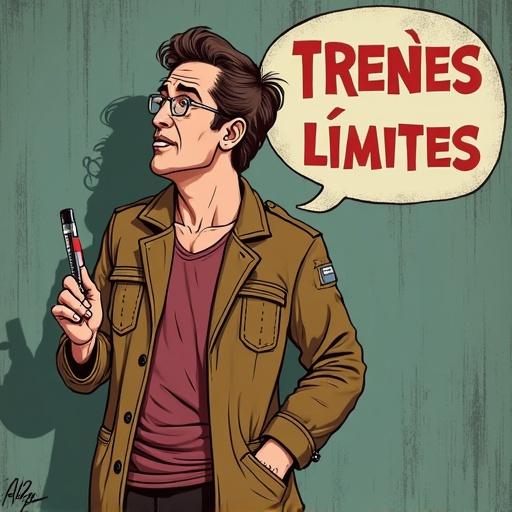 Illustration of a character thinking about ethical limits. Character holds a marker and is looking thoughtfully. Background is plain with a speech bubble containing the text 'Trènes Límites.'