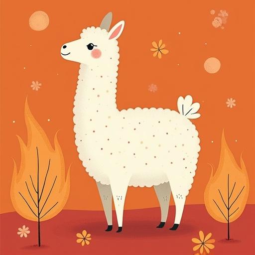 Dreamy retro illustration of a fluffy alpaca. The alpaca is white with a fluffy texture, set against a red-orange background. Two stylized trees add to the whimsical feel. Emphasis on a warm color palette with a retro vibe.