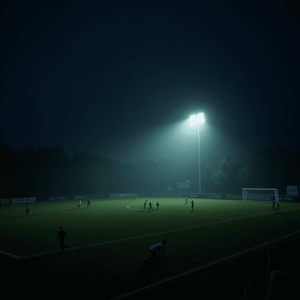 A serene night-time soccer game illuminated by a single tall floodlight casting a dramatic glow over the field.