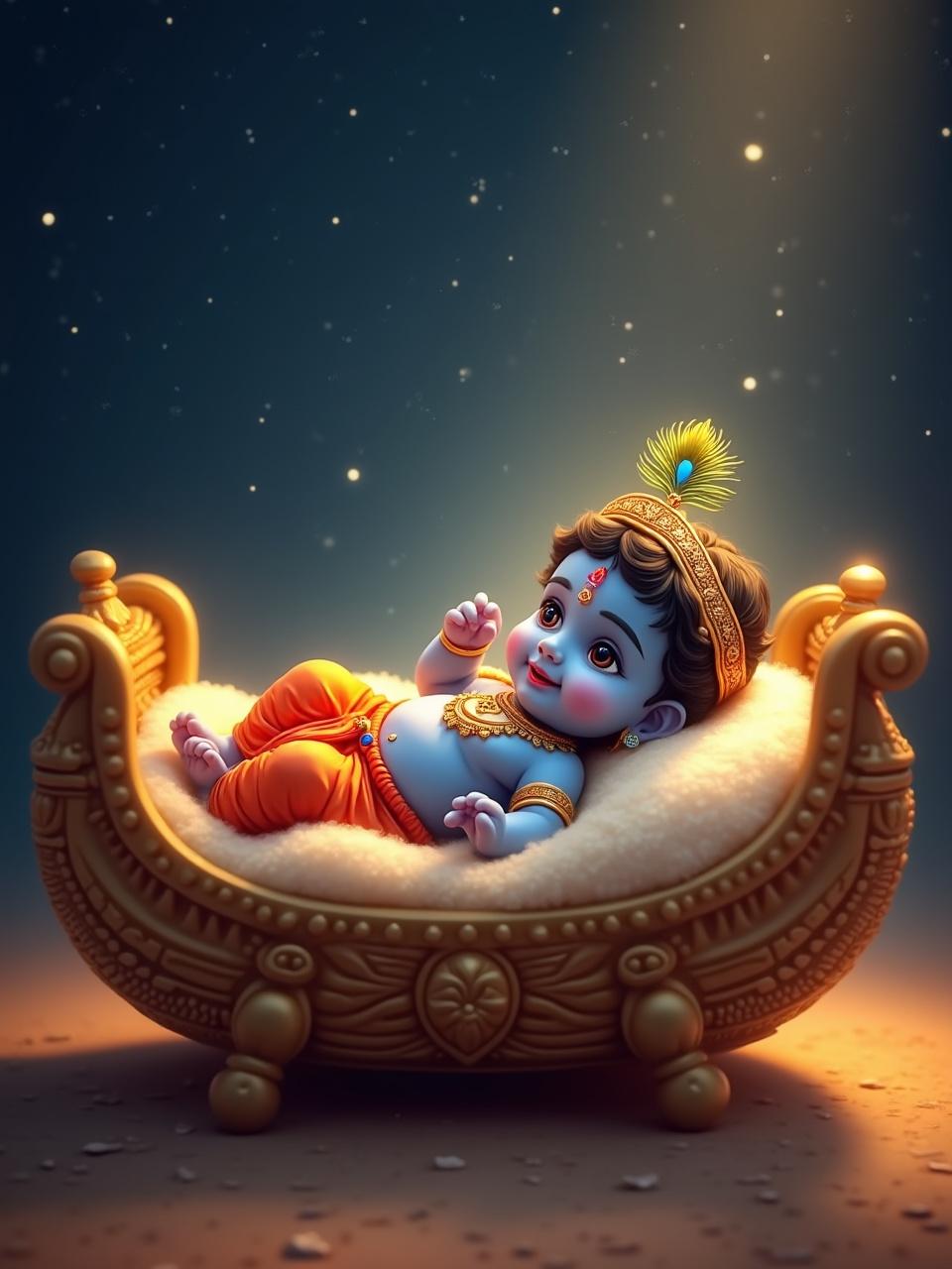 The image portrays a serene and divine depiction of a baby resting in an ornate cradle. The baby has a radiant blue complexion, traditional adornments, and a peacock feather crown. The cradle is elaborately decorated, suggesting a sense of reverence and spirituality. Soft, glowing light spreads throughout the scene, casting a tranquil and ethereal ambiance.