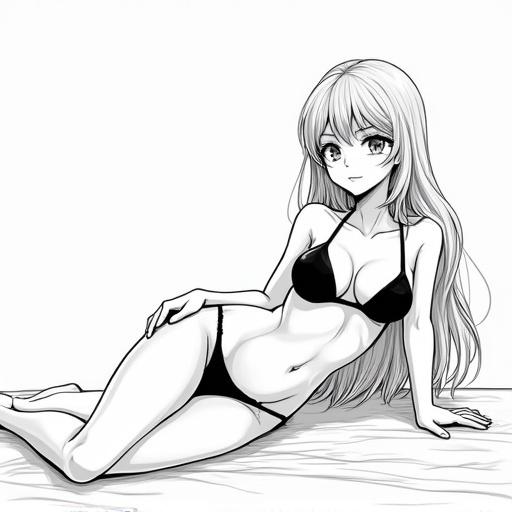 Lineart of an alluring anime woman dressed in a bikini positioned on a table in black and white style.