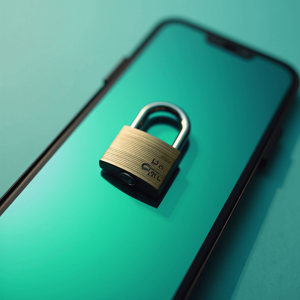 A brass padlock rests on a smartphone screen symbolizing digital security.