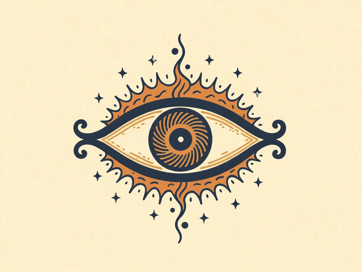 Illustration of a chaos sigil featuring a rotating eye. Its design features a gentle yellow-brown background and intricate details.
