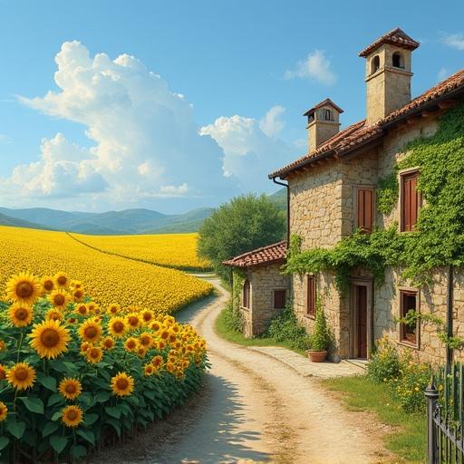 Endless field of sunflowers connected to rustic village. Aged stone buildings have ivy-covered walls and red roofs. Clear blue sky with few clouds. Dirt path with weathered fences. Soft painterly texture.