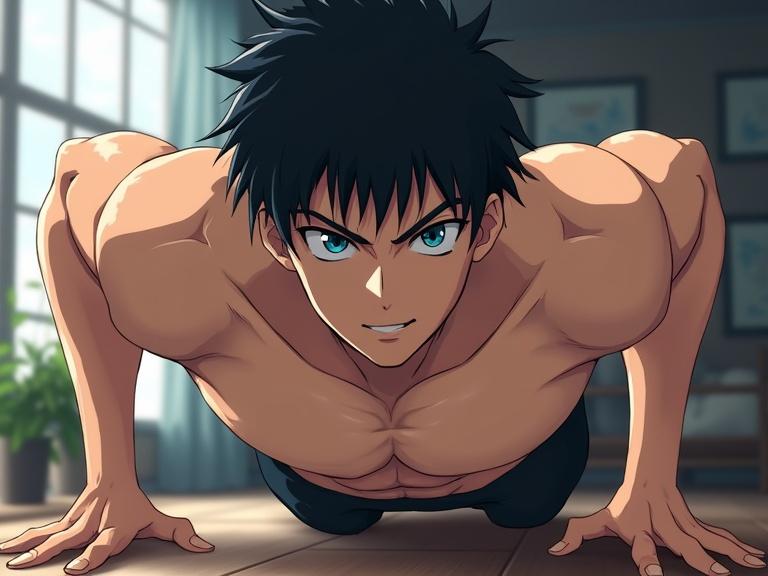 Male character with black hair and blue eyes is doing push-ups. He has a muscular build and an intense expression. The background includes a bright room with natural light.