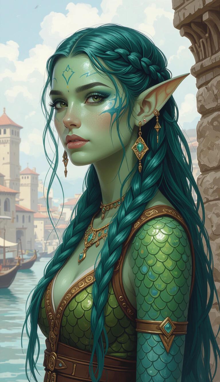 Oil painting style illustration of a candid portrait of a young druidic fish-girl. Character has sharp finned ears and fully green-blue colored skin with fish scale texture. Background depicts a harsh Ancient-Therosian-Fantasy port city. Character is dressed in Theros-Fantasy clothing. Long, slick-backed green-blue hair and green-blue scaled skin are prominent features.