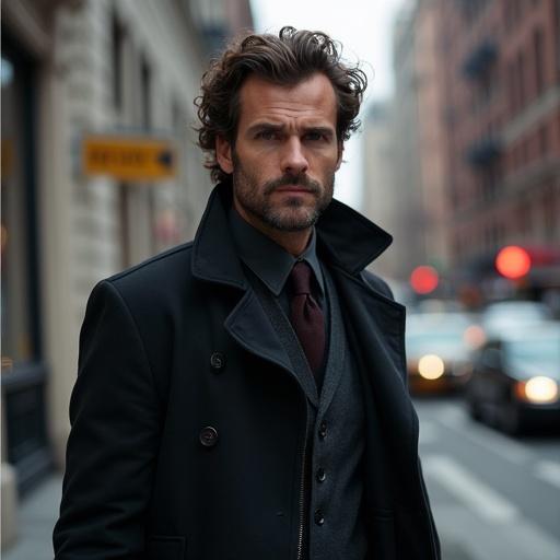 Photorealistic image of a handsome well-built New York detective. He has thick wavy hair and wears a dark coat. The scene captures him on a New York avenue. Street ambiance enhances the detective aesthetic.