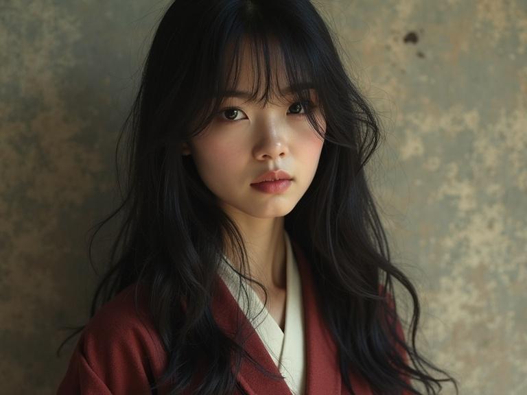 Realistic photograph of a young Japanese woman. She has long hair and wearing traditional styled outfit. Facial expression is soft and inviting.