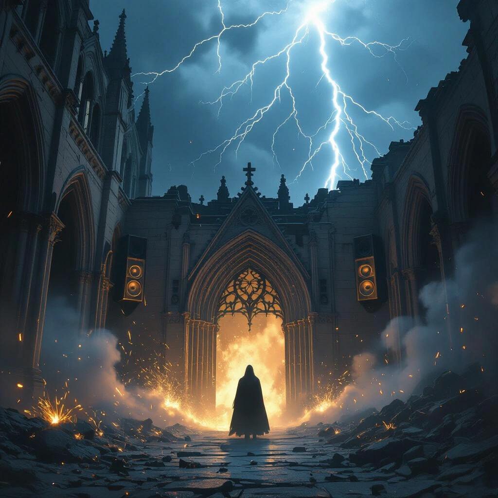 Crumbling cathedral with speakers in the walls. Lightning strikes above. Shadowy figure stands in doorway. Surrounded by sparks and smoke.