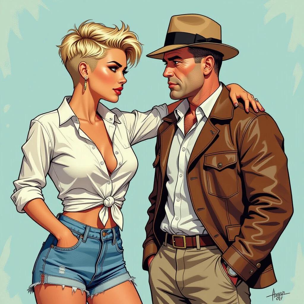 Comic-strip style illustration with strong contour lines. Shows a confident young woman with punk hairstyle wearing a white knotted shirt and denim shorts. She stands next to a classic Hollywood figure. Bright background colors emphasize characters.