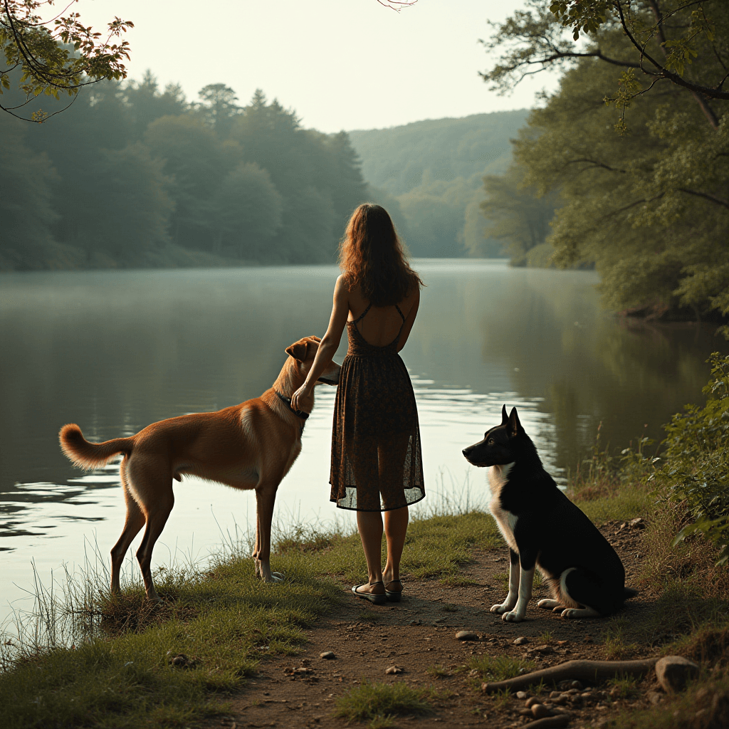 A woman stands by a serene lake with her two dogs, surrounded by lush greenery.