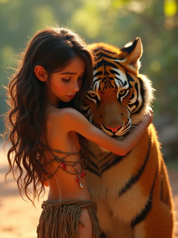 Close up of a young girl in a tattered loincloth hugging a friendly tiger. The tiger is licking her shoulder where she is bleeding. Soft lighting highlights their interaction as she pets his head. They share a moment of connection.