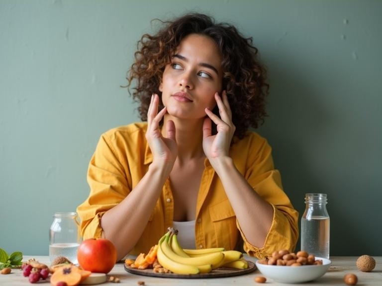 Person with curly hair thinks while enjoying fruits, nuts, and water. Bright yellow shirt contrasts with the green background. Arrangement of healthy foods around. Emphasis on vitality and energy.
