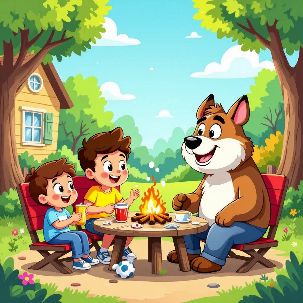 A cartoon image depicting two children and a happy dog sitting around a campfire in a park. The children are enjoying drinks and snacks while smiling and laughing. The setting is sunny with trees and a house in the background.