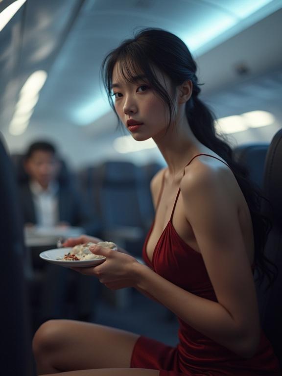 Flash photography in an airplane with a young woman serving food. She wears a glamorous red dress. Perfect studio lighting creates a surreal atmosphere. The scene features a seated male passenger. Background has a heavy mist effect. Hyper-detailed visual appearance.