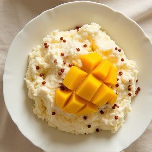 Dessert served in a white plate. Creamy tiramisu variation topped with fresh mango. Small round chocolate balls scattered.