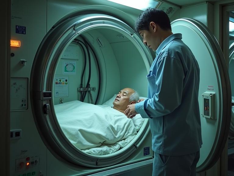 Image of elderly Asian man sleeping inside a capsule machine. Hotel staff is pressing buttons. Capsule has wires, buttons, and monitors. Bright clinical setting.