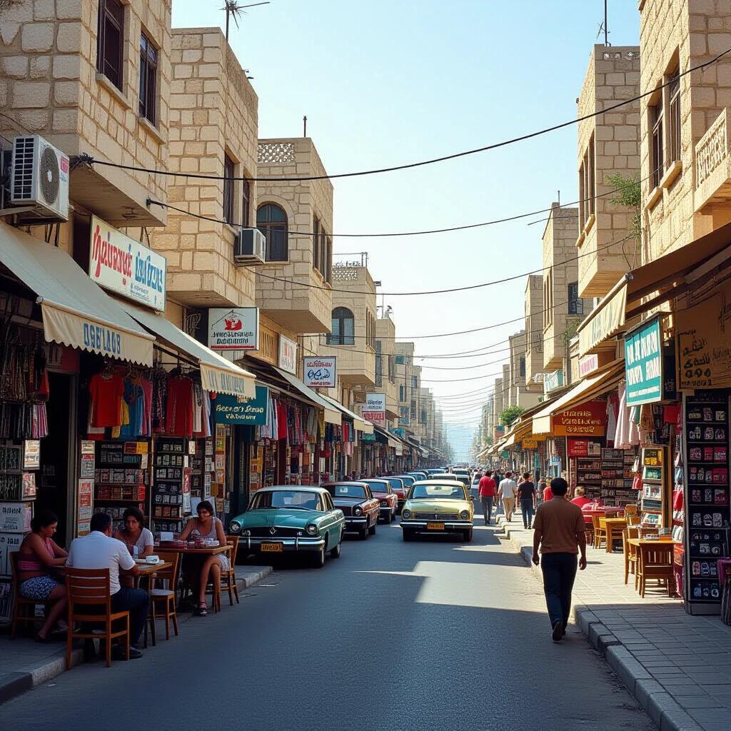 A street view of Tel Aviv Jaffa during the 1980s or 1990s. Shops filled with colorful clothing and local products. Vintage cars parked along the street. People enjoying the atmosphere. Bright sunlight illuminating the market area. A nostalgic moment captured in a lively urban setting.