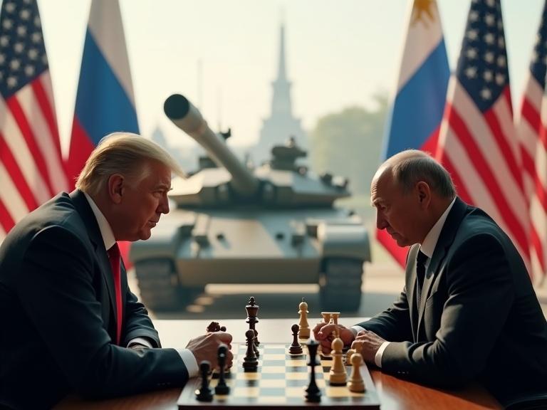 Hyper realistic scene featuring American and Russian presidents playing chess. Tank and fighting jets in background. American flag beside American president. Russian flag beside Russian president. Accurate portrayal of military equipment.