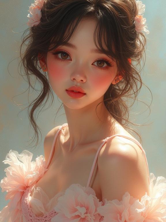 Anime style portrait of a girl with jelly eyes. Emphasis on soft, light colors and delicate details. She wears a stylish, layered outfit. The shading and highlights create a dreamy, whimsical effect.