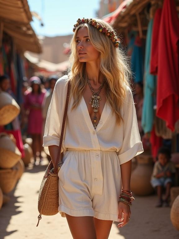 An elegant blonde woman with thick waist-length wavy hair styled in a bohemian braided wreath walks through a colorful traditional market in Gondar, Ethiopia. She wears a short white linen jumpsuit, handcrafted Ethiopian jewelry, and carries a woven wicker bag. Locals smile in the background and fabrics hang in vibrant colors. Sunlight reflects off her golden hair. She admires handcrafted baskets, reflecting elegance and grace. The image combines fashion and lifestyle photography with a travelogue feel.