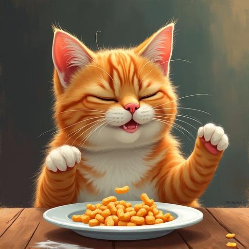 Cute drawing of an orange cat enjoying food. The cat looks happy while eating snacks from a plate.