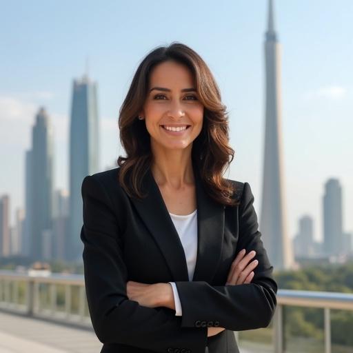 A confident woman in a black suit standing before a modern cityscape featuring the Iconic Tower in Egypt under a clear blue sky. She has a warm smile and appears professional as if addressing an audience.