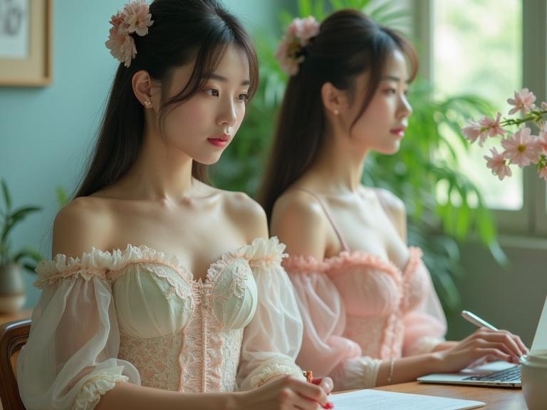 Two young Chinese ladies are seated side by side. They wear pastel-colored outfits adorned with lace. Their outfits feature a sweetheart neckline and off-the-shoulder design. Soft lighting enhances the scene. Surrounded by greenery and flowers, the room expresses a vintage fairytale vibe. Their long hair is styled elegantly. One lady is writing, while the other looks at her notes. The ambiance is serene and stylish.