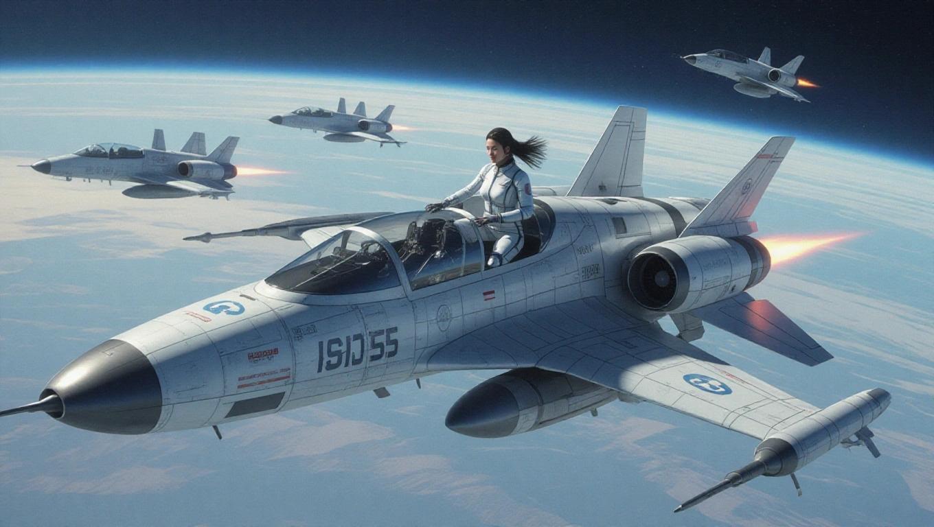 Futuristic illustration of a female pilot in a spaceship with multiple fighter jets flying in formation.