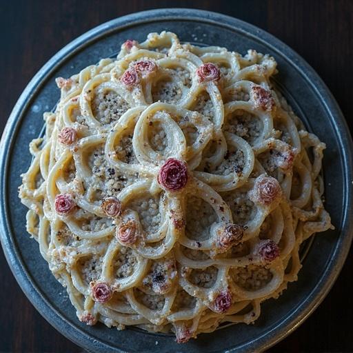 A beautifully crafted pasta dish resembling a floral design. Edible flower decorations enhance the aesthetic appeal. Soft colors and textures create a gourmet presentation.
