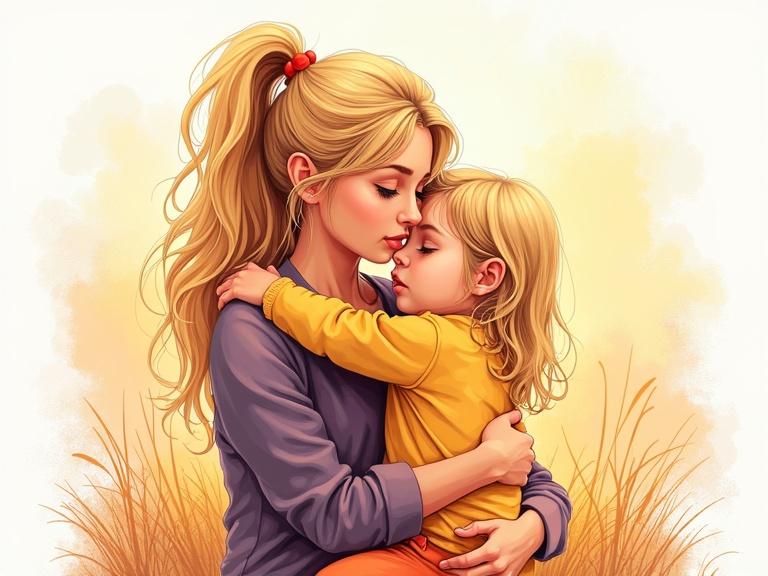 A blond mother embraces her little girl in a warm scene. They are in a colorful and splash art style. The background is soft and inviting. The mother and daughter exude love and connection.