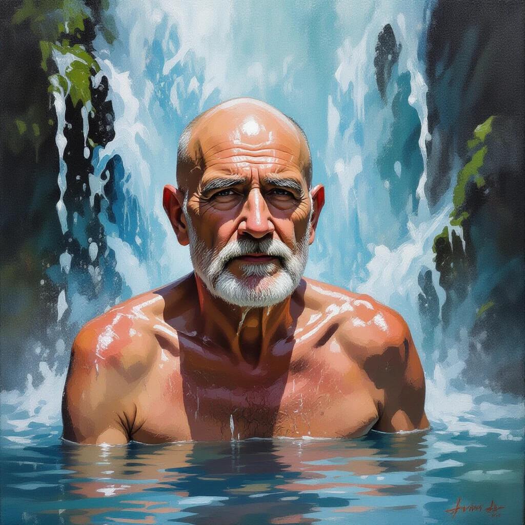An old bald man standing in a waterfall. He is surrounded by nature. Water cascades down from above. The sunlight reflects on his skin and the water. The painting captures tranquility and serenity.