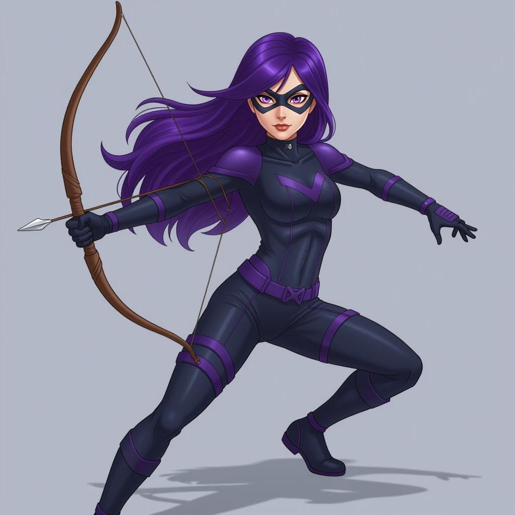 Character is a female archer with long purple hair. She wears a sleek black and purple costume. She is in an action pose holding a bow and arrow. The background is plain and focuses on the character's stance.