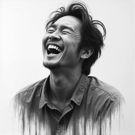 Artistic depiction of a Japanese man laughing. Charcoal sketch style capturing joy. Focus on facial expression and details.