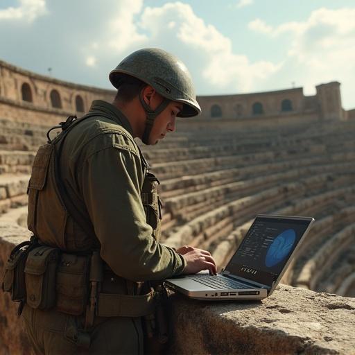 A Brazilian soldier interacts with a laptop inside a historic amphitheater. The scene captures the soldier engaged with modern technology within an ancient structure. The background features the vast seating of the amphitheater, showcasing its architectural details. The atmosphere is serene yet purposeful, illustrating a fusion of history and contemporary military activity.