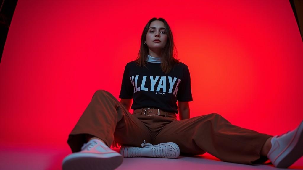 A person poses confidently against a vibrant red backdrop, wearing casual attire with white sneakers.