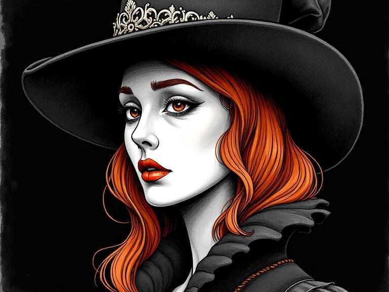 Monochrome ink illustration of a Renaissance ginger queen. She wears an elegant hat. The portrait captures flared nostrils and an orange hue. Soft gaze with a sly expression. Deep shadows highlight contours and texture. Bold hand-drawn lines and scratched ink details. Black background creates isolation.