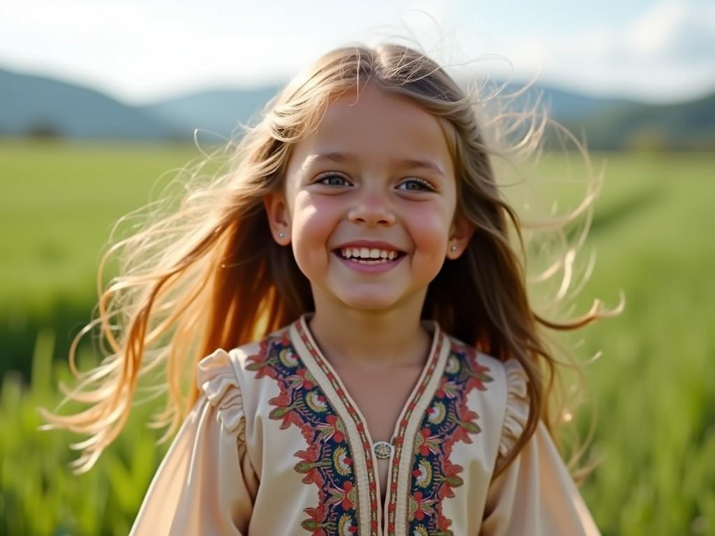 A young girl smiling in a green field with mountains in the background, wearing a blouse with floral patterns.