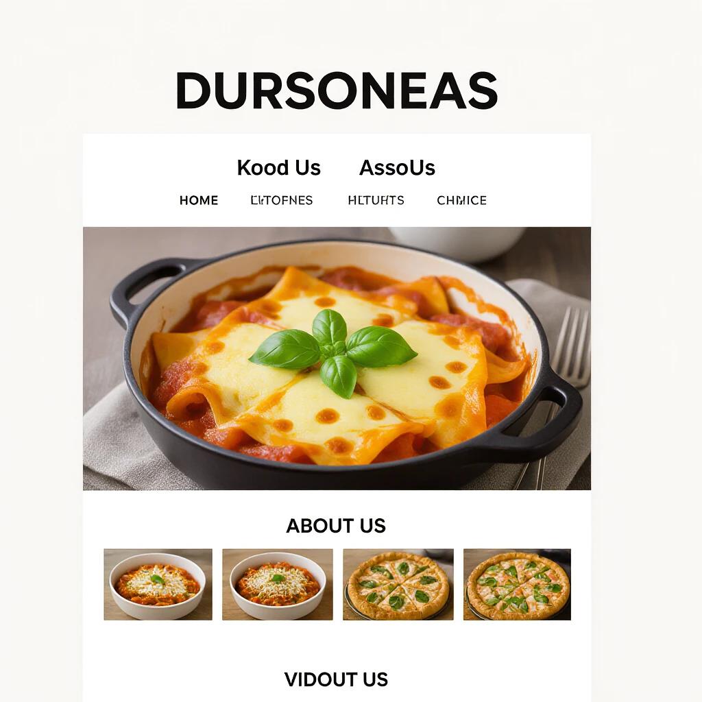 Professional image displays minimalist online recipe website featuring a lasagna dish. Clean layout with sections for navigation and content. Attractive presentation of the dish.